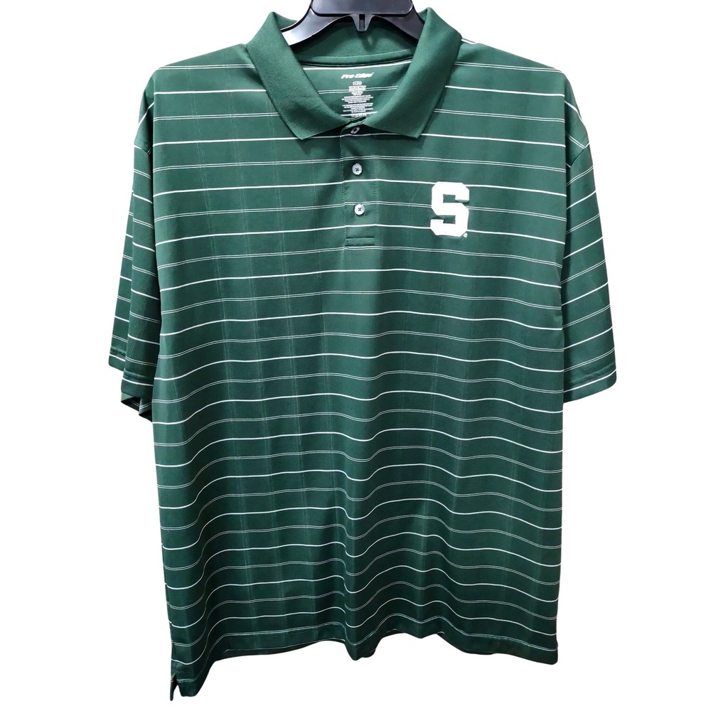 Pro Edge Michigan State Spartans Polo‎ Shirt Green Striped Mens XL